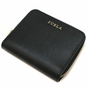 FURLA Round Zip Compact Wallet Leather Black
